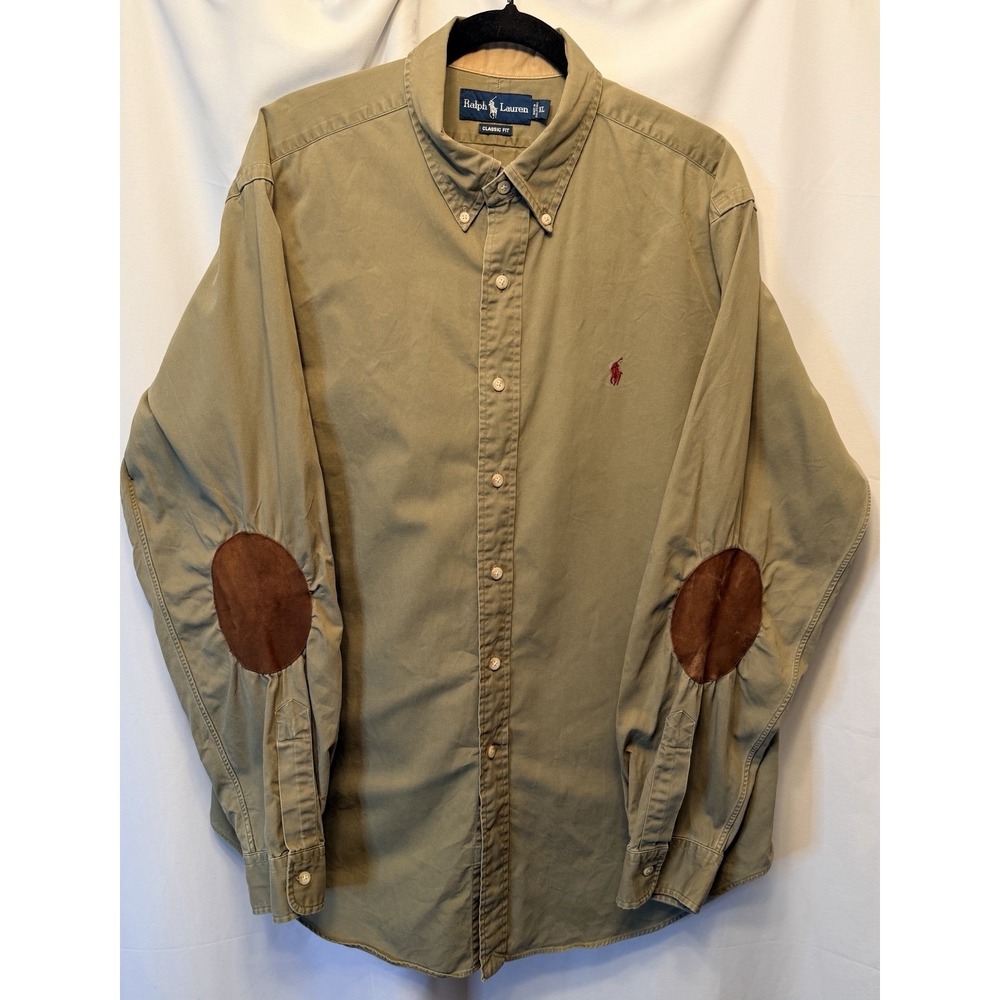Vintage Polo Ralph Lauren Shirt Men's XL Olive Green Suede Patch Workshirt Twill